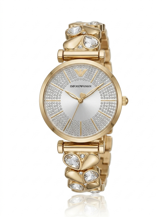 ✨Exclusive Diamantés Branded Crystal Studded Armani Gold White dial Watch ✨