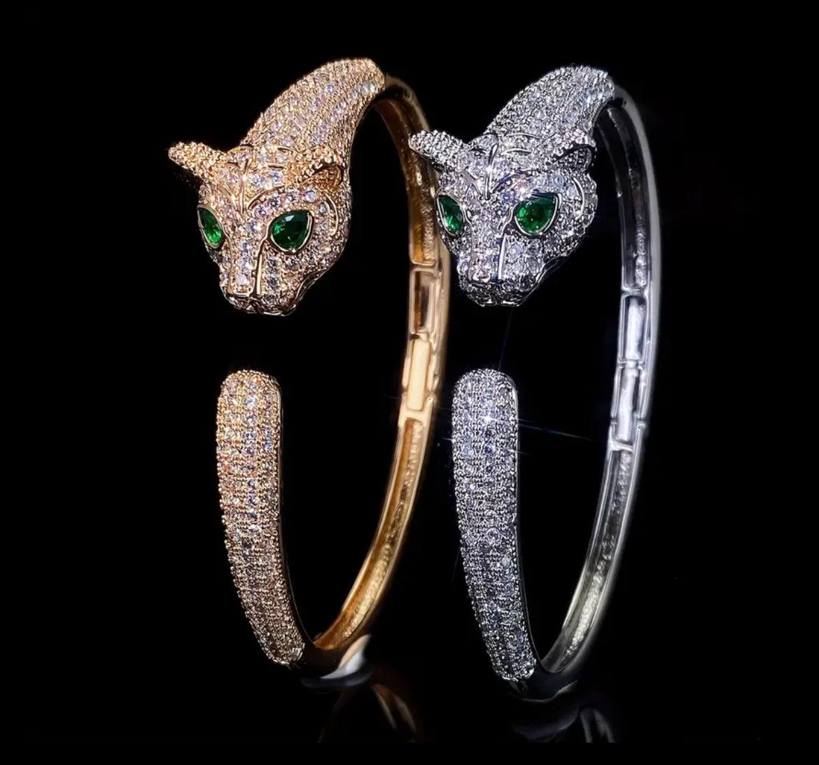 🐆✨ Silver Emerald Eye Zirconium Studded Leopard Adjustable Cuff Bracelet 🐆✨