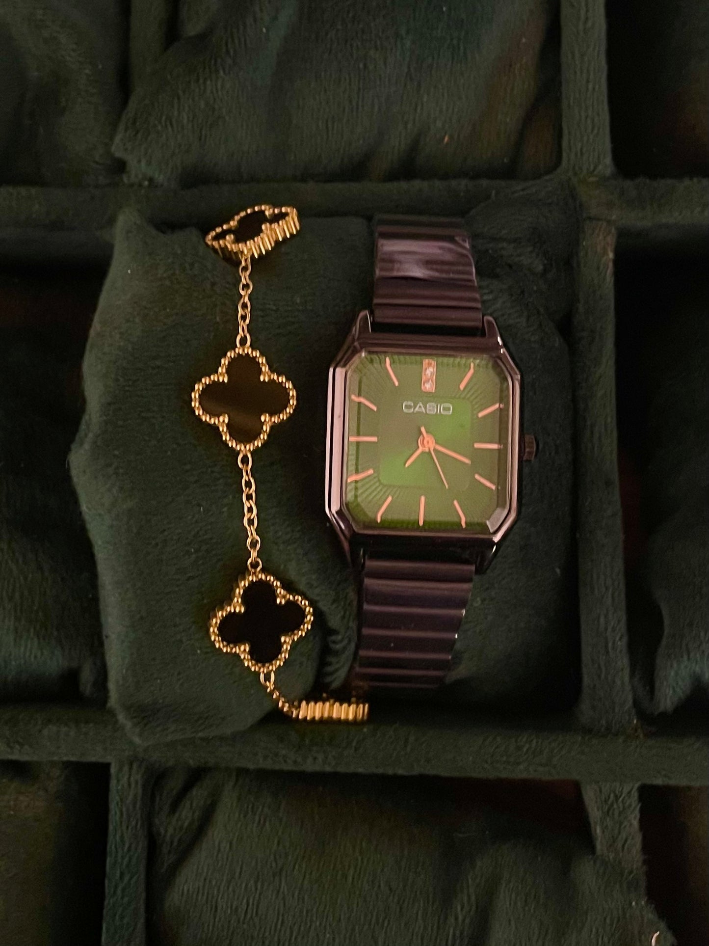 ✨Exclusive Black Emerald Dial Casio chain Watch With Black Clover Bracelet Set ✨