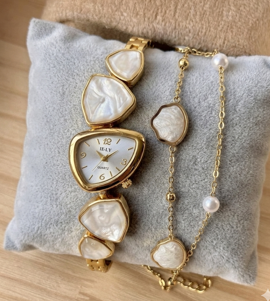 ✨ Exquisite White Pearl Gold Watch Stack ✨
