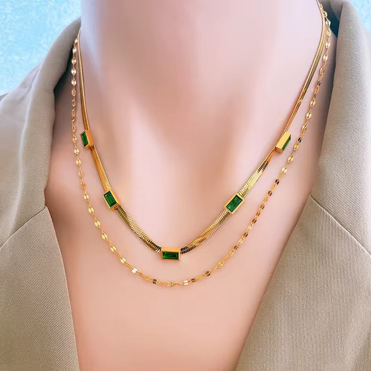 ✨22k Gold Emerald bar Snake Chain Layered Necklace Pendant ✨