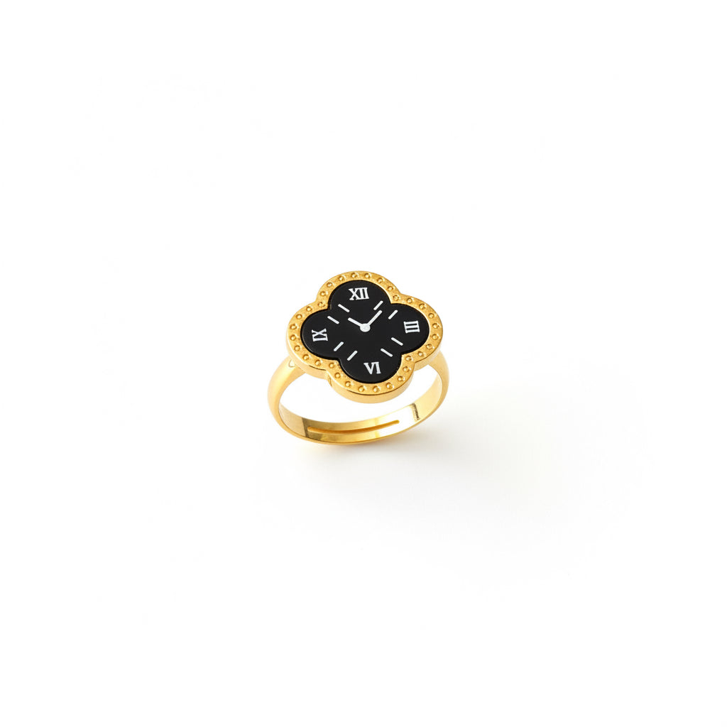 ✨ Stainless steel Black Clock Clovie Adjustable Ring ✨