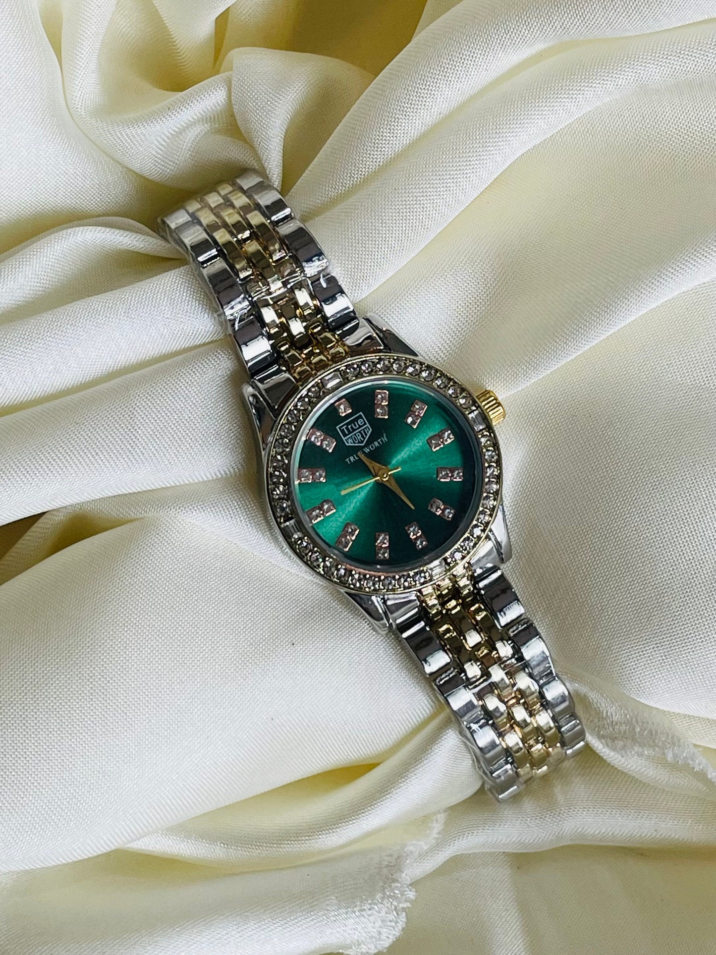 ✨Stainless Steel SilverXGold True Worth Gold Crystal Studded Emerald Dial Watch ✨