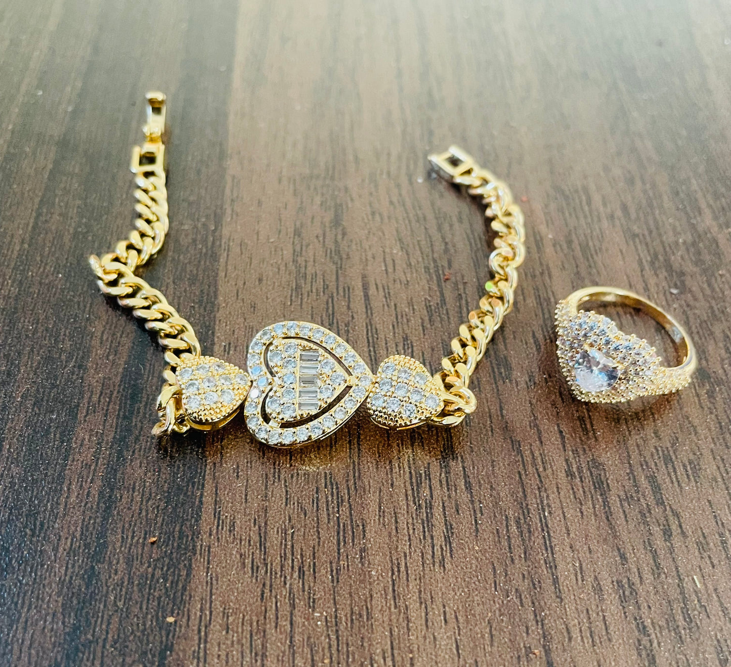 ✨Stainless steel Gold Crystal Zirconia Heart Bracelet and Ring Set ✨