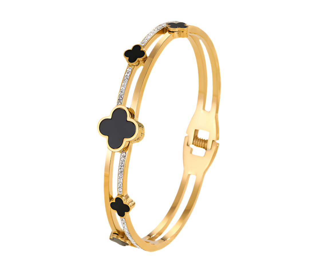 ✨Exquisite Stainless steel Gold Zircon Studded Black Clovie Cuff Bracelet ✨