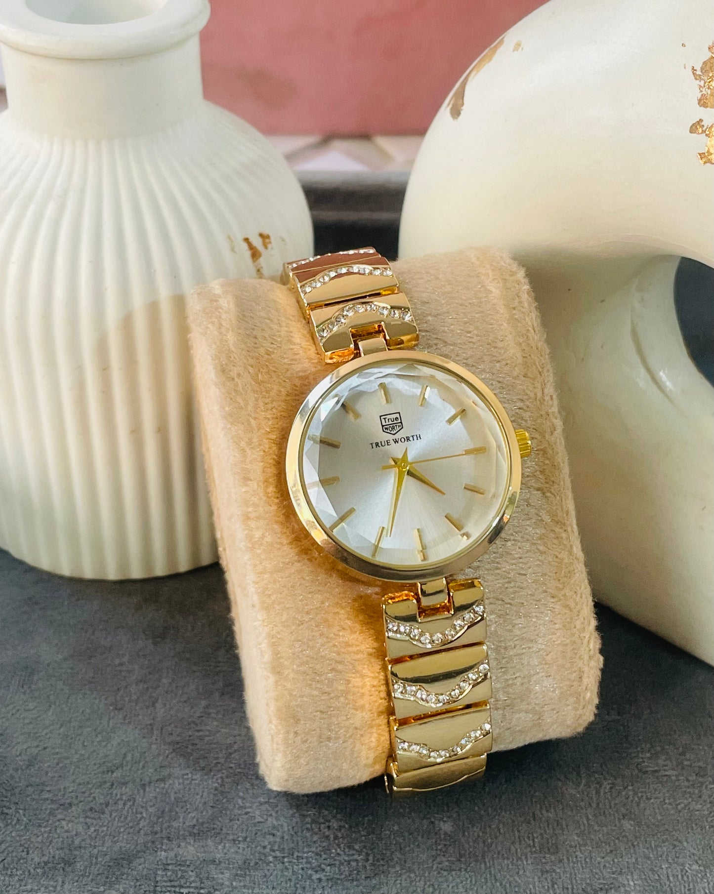 ✨Exquisite Crystal studded White Dial Gold True Worth Watch ✨