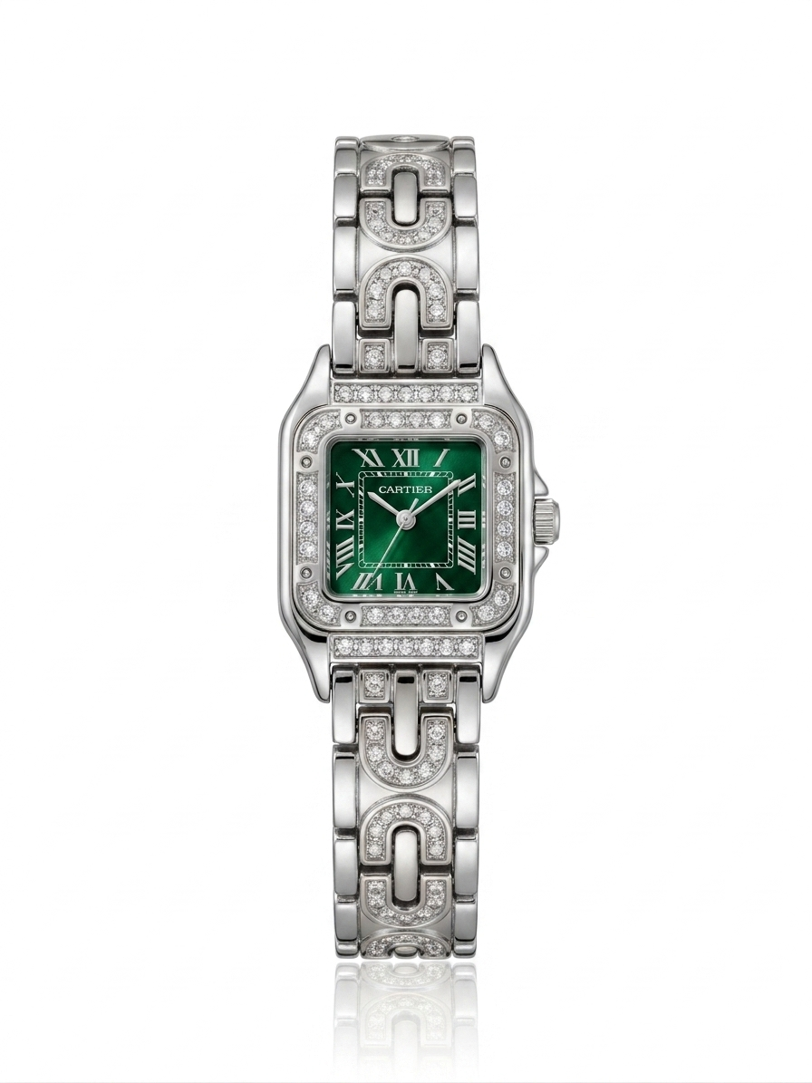 ✨ Zirconium Studded Classic Silver Carte Emerald dial Watch ✨
