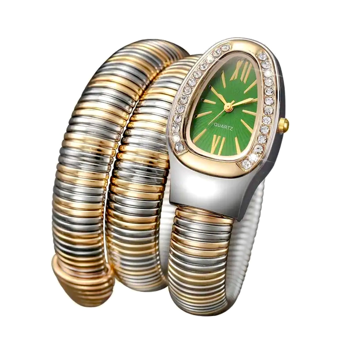 ✨Crystal studded Emerald dial serpenti snake Silverxgold watch✨
