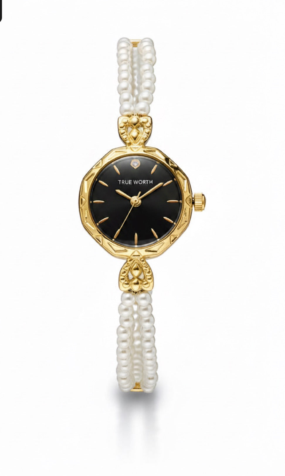Pearl braided black dial gold watch