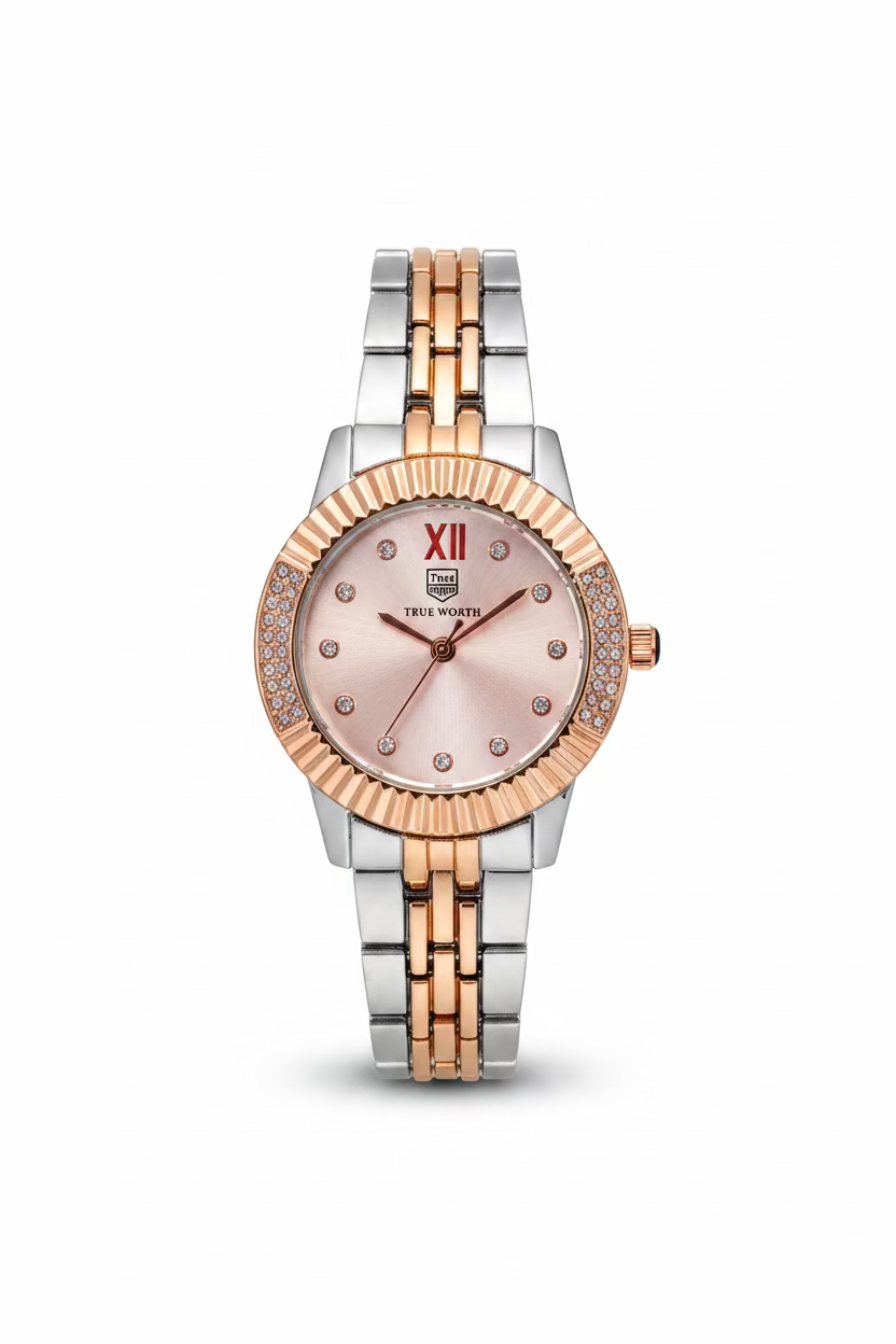 ✨ Exquisite RosegoldxSilver Rose Gold Dial Crystal Studded True worth Watch✨