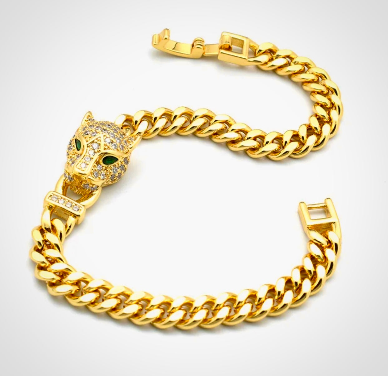 ✨22k Gold Emerald eye cuban Chain Leopard bracelet ✨