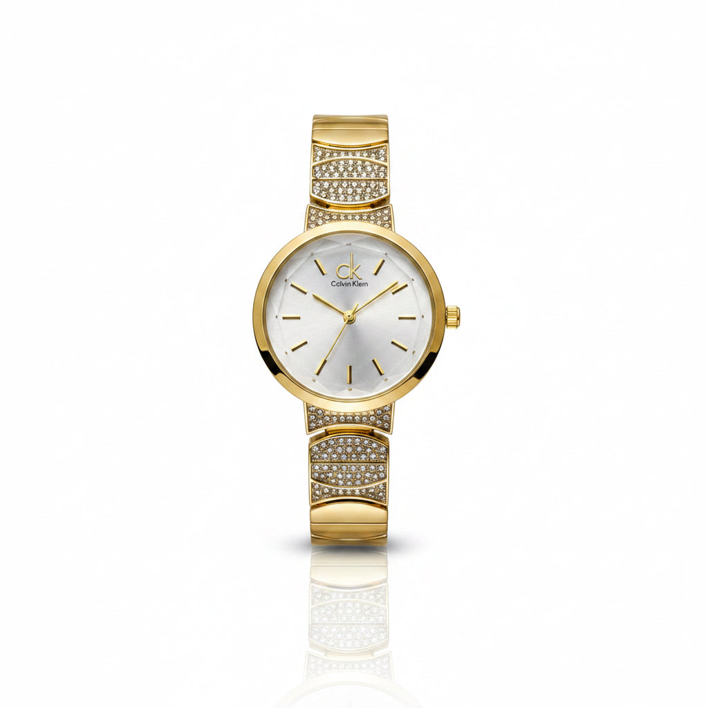 ✨Exclusive Zirconia Gold White Dial Crystal Studded Ck watch ✨