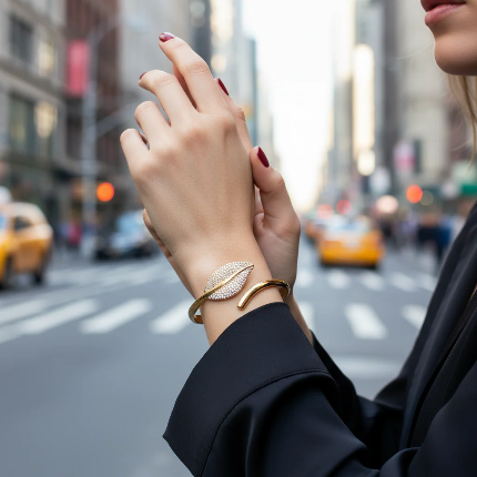 ✨Stainless steel Zircon Studded Diamantés Leaf Gold Cuff Bracelet ✨