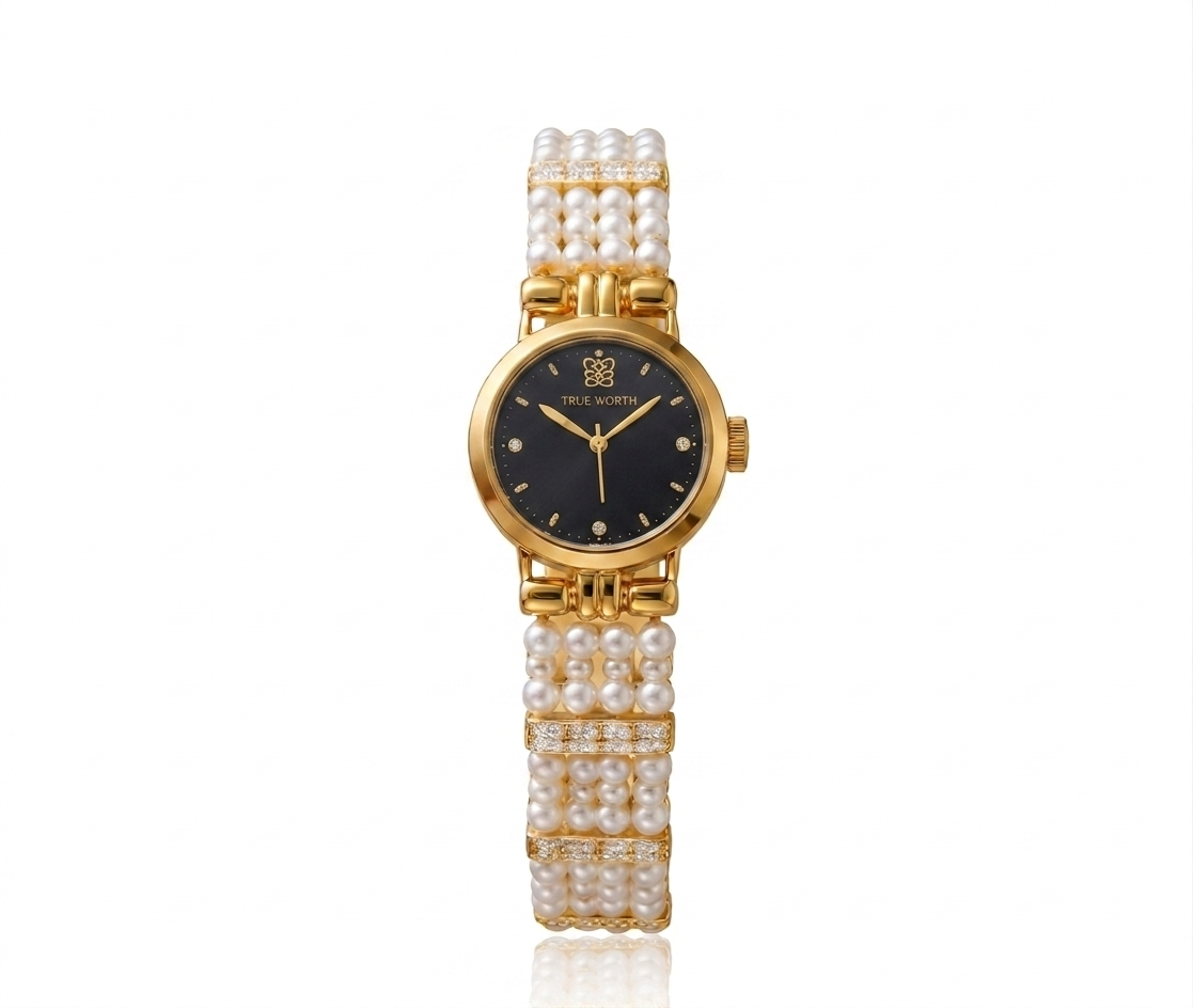 ✨Exquisite Gold Pearl Black Dial True Worth Chain Watch ✨