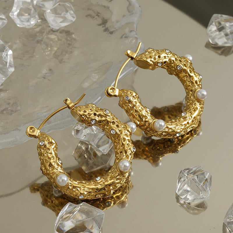 ✨Exquisite Stainless steel Gold Pearl Crystal Hoop Earrings ✨