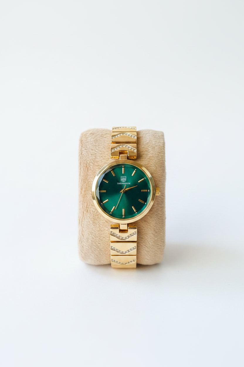 ✨Exquisite Crystal studded Emerald Dial Gold True Worth Watch ✨