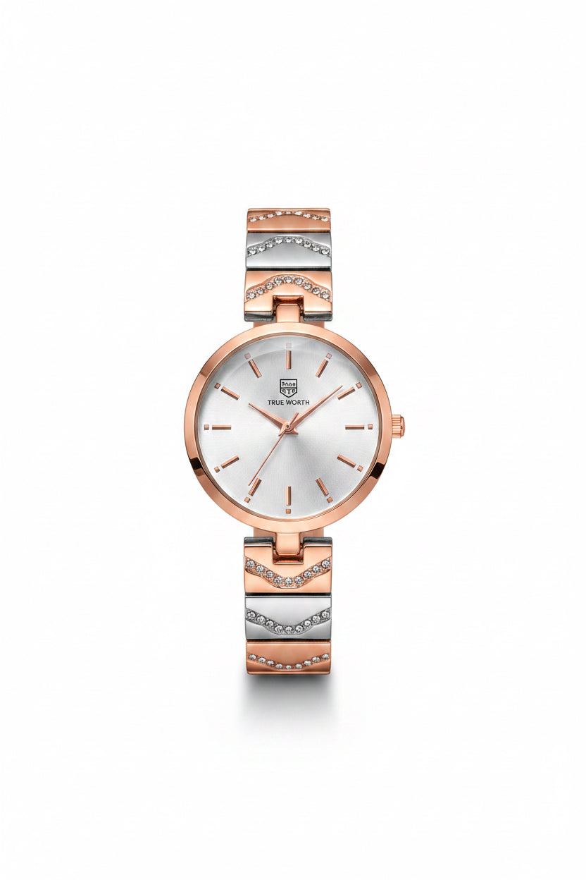 ✨Exquisite Crystal studded White Dial SilverXRoseGold True Worth Watch ✨