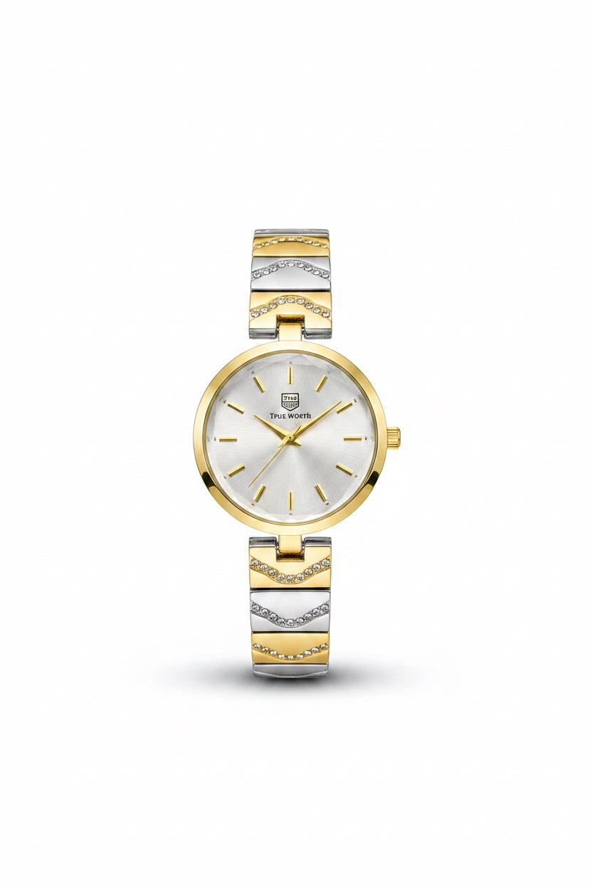 ✨Exquisite Crystal studded White Dial SilverXGold True Worth Watch ✨