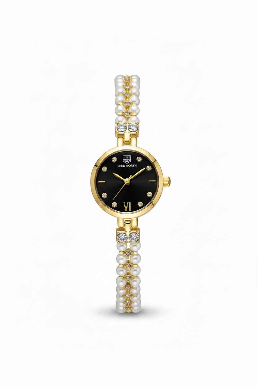 Pearl braided black dial watch
