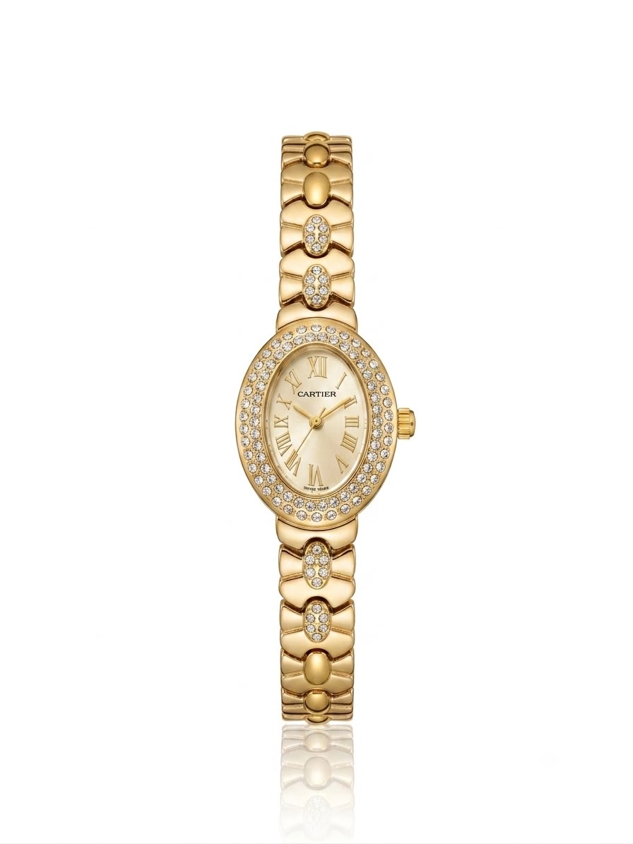 Crystal studded gold carte oman watch