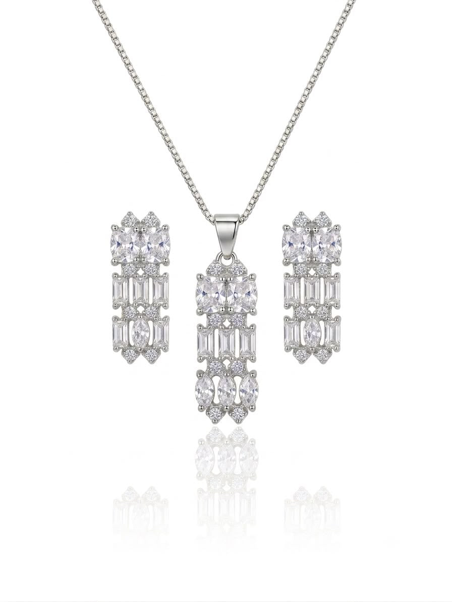 Sterling Silver Tri Crystal Zircon Earrings & pendant set