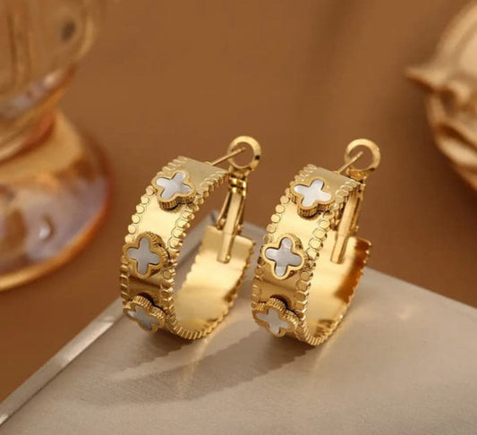 ✨Stainless steel Gold Clovie White Hoop earrings ✨