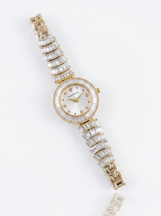 ✨Exclusive Zircon Studded Diamond Cut Gold White Dial True Worth Watch ✨