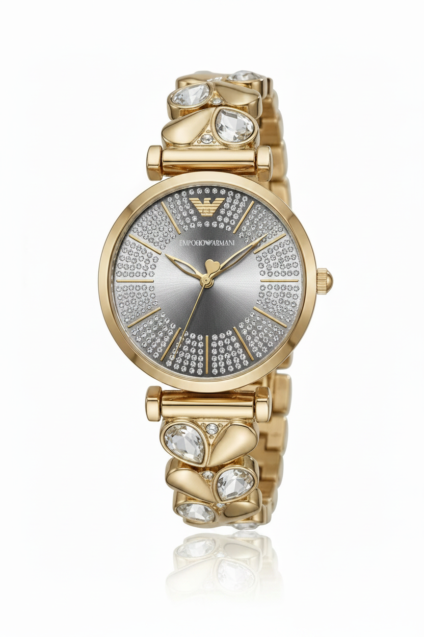 ✨Exclusive Diamantés Branded Crystal Studded Armani Gold White dial Watch ✨