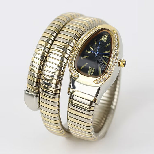✨Exclusive Crystal studded black dial serpenti snake Silverxgold watch✨