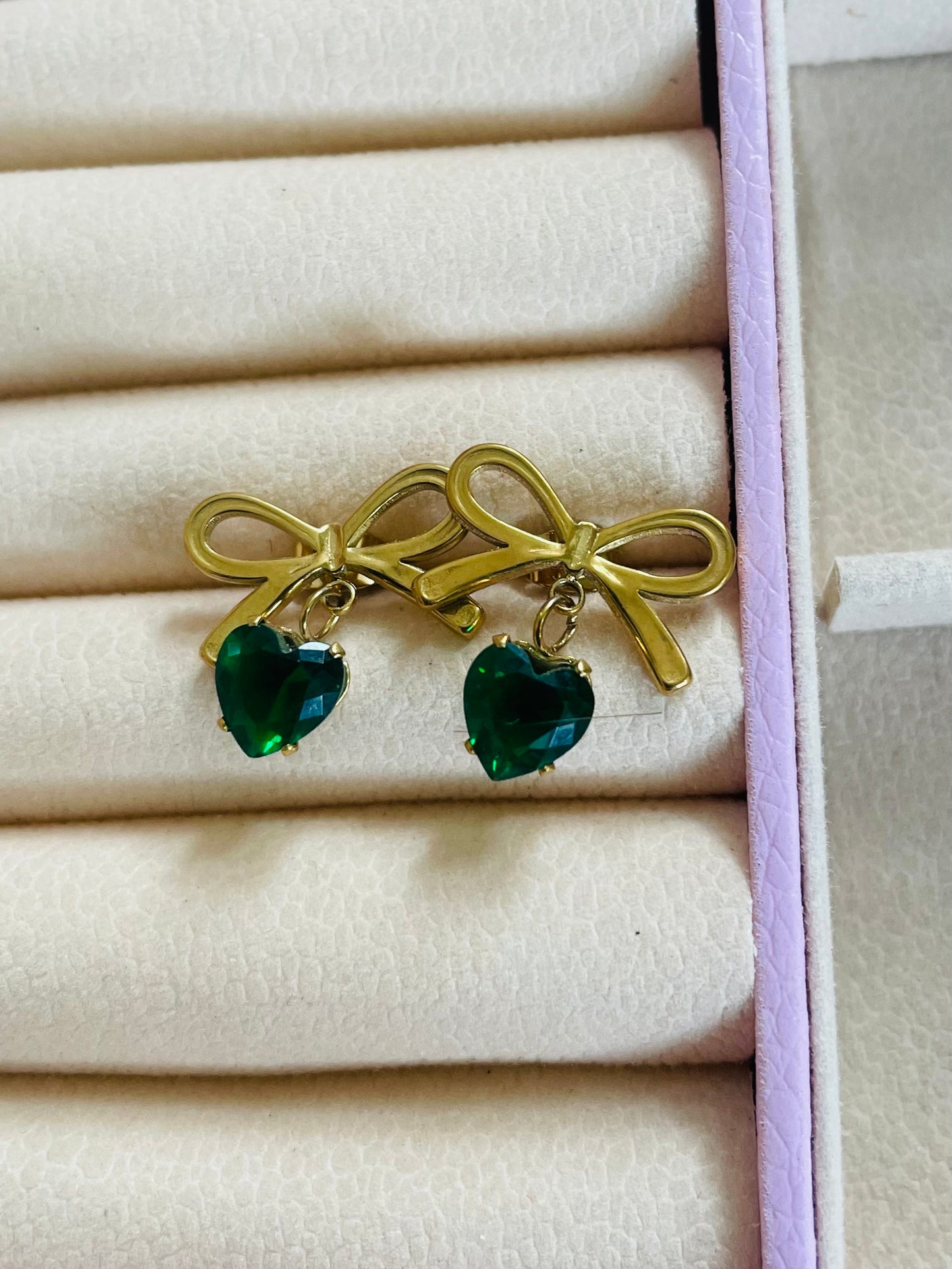 ✨Stainless steel Gold Emerald Heart Bow Earrings ✨