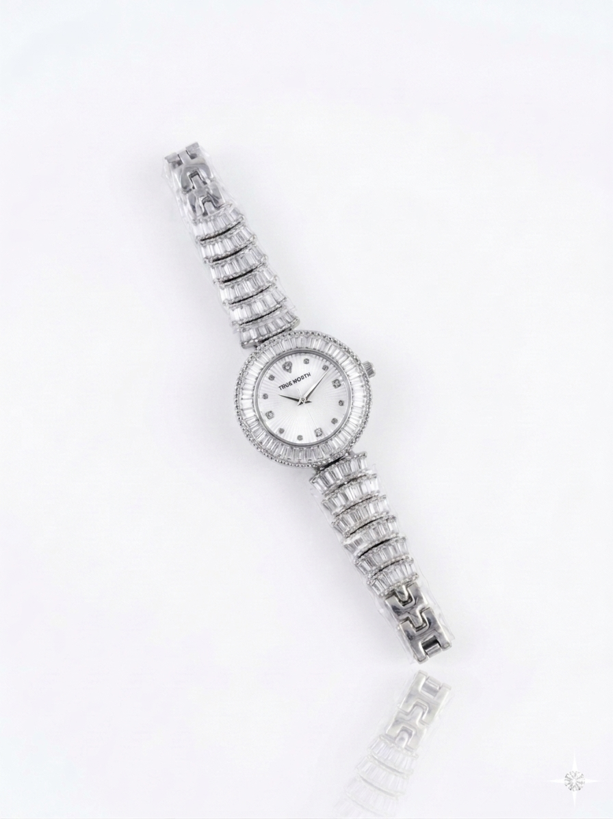 ✨Exclusive Zircon Studded Diamond Cut Silver White Dial True Worth Watch ✨