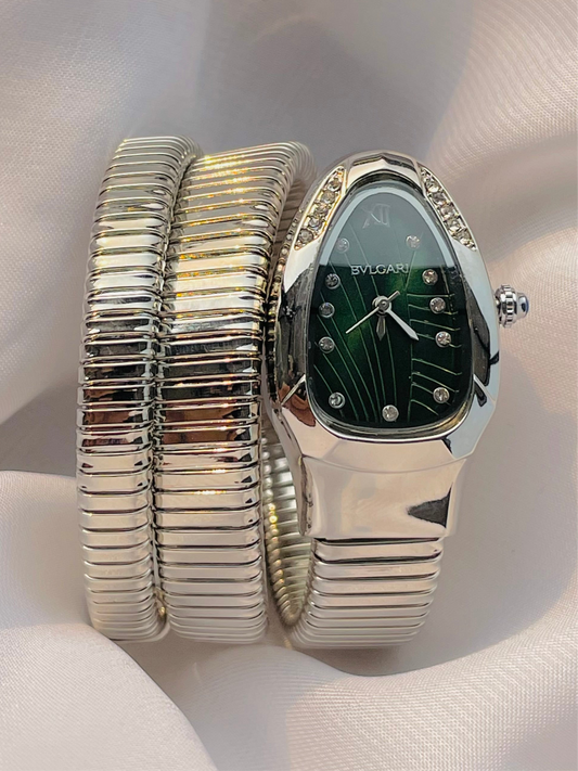 ✨Snake serpenti Silver watch Emerald dial Crystal Studded bvlg ✨