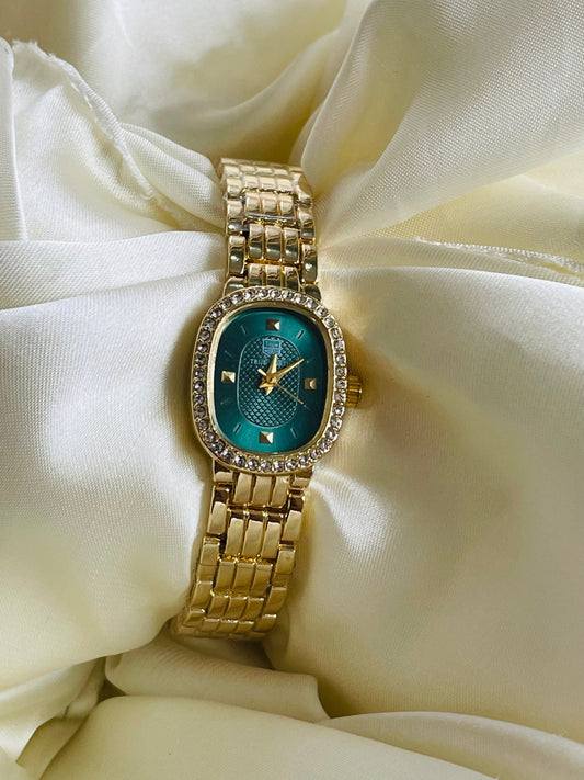✨Heritage Gold True Worth Emerald Dial Crystal Studded Watch ✨