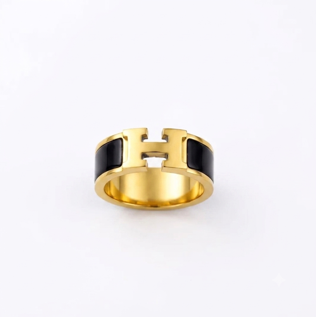 H luxe Black Enamel Gold Ring