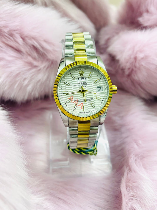 ✨Premium Perpetual Day Date SilverXGold Braided White Dial Watch✨