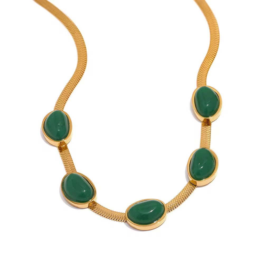 18k premium snake chain Natural Emerald Stone Necklace ✨