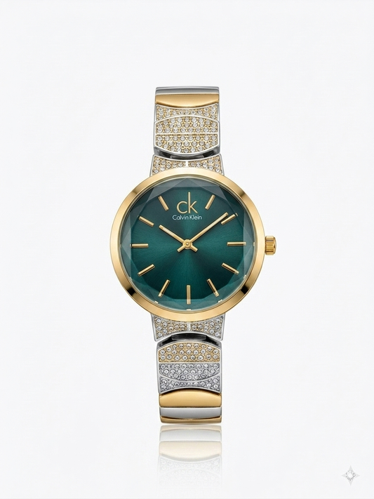 ✨Exclusive Zirconia SilverXGold Emerald Dial Crystal Studded Ck watch ✨