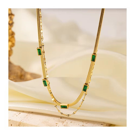 ✨22k Gold Emerald bar Snake Chain Layered Necklace Pendant ✨