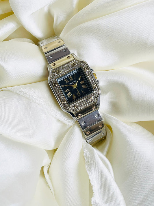 ✨Vintage SilverXGold Carte Black Dial Crystal Studded Watch ✨