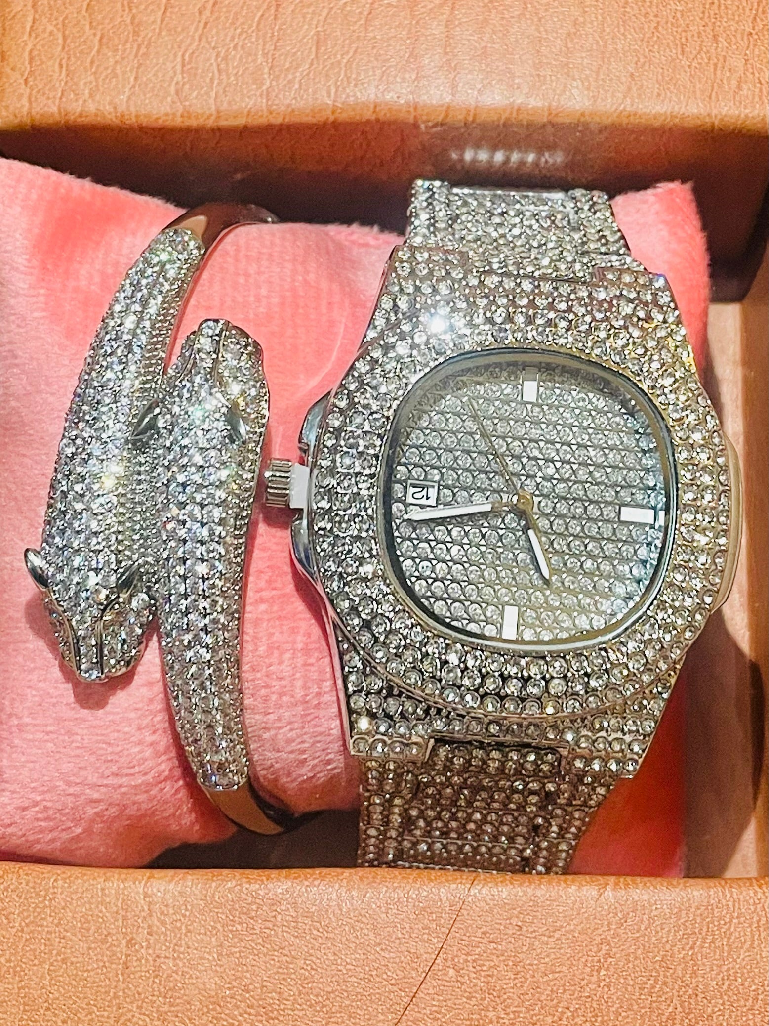 💎Sterling Zircon Studded Silver Dream Leopard Iced Watch and Bracelet Set 💎