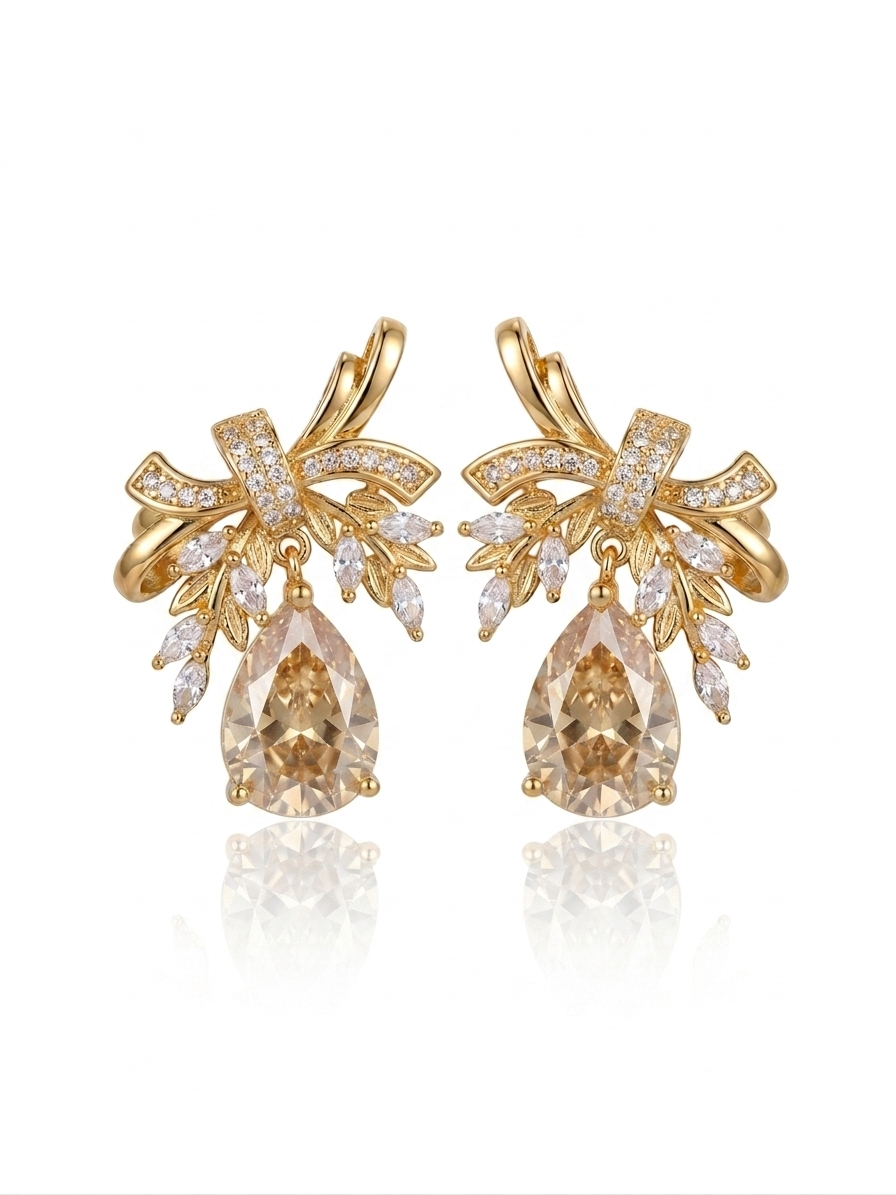 ✨Exclusive Sterling S925 Zirconium Gold Leaf Champagne Drop Earrings ✨