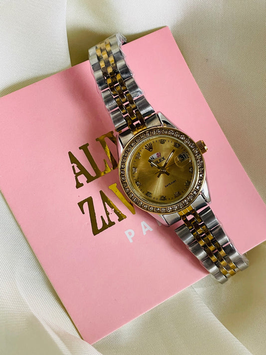 ✨SilverXGold Gold Dial Crystal Studded Daydate Watch ✨