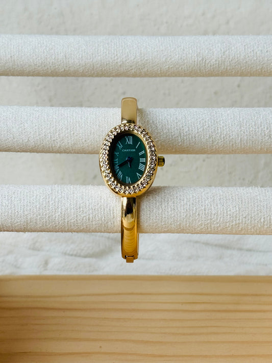 ✨ Carte Gold Emerald Dial Zircon studded Cuff Watch ✨