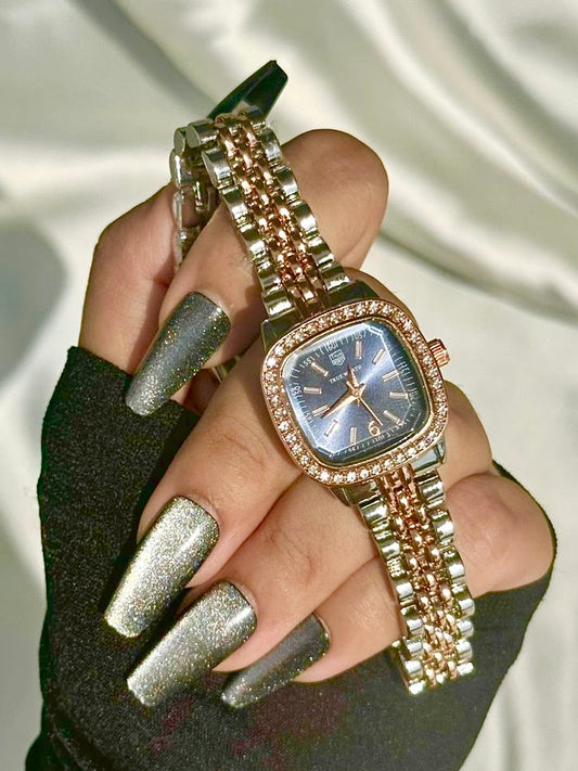 ✨RoseGoldXSilver Blue Dial Crystal Studded True Worth Watch ✨