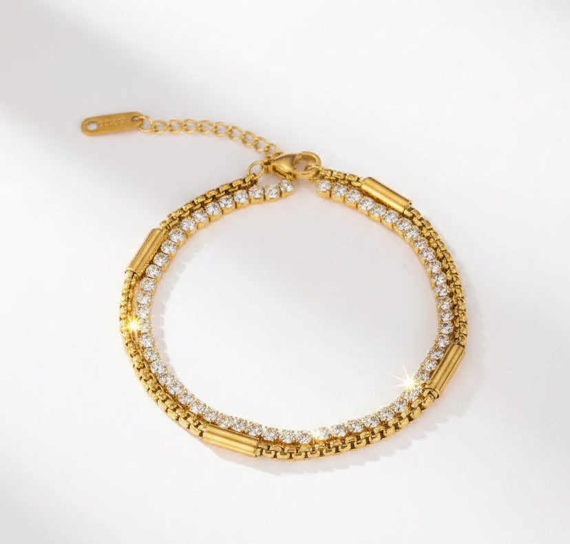 Stainless steel Layered Crystal Link Chain Bracelet