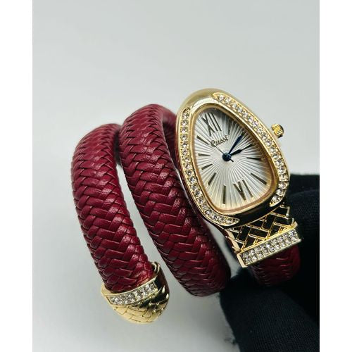✨Premium Maroon Leather Gold Serpenti Crystal Snake Watch✨