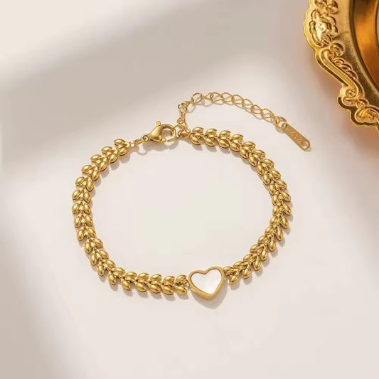 ✨Stainless steel Gold Leaf White Heart Chain Bracelet ✨