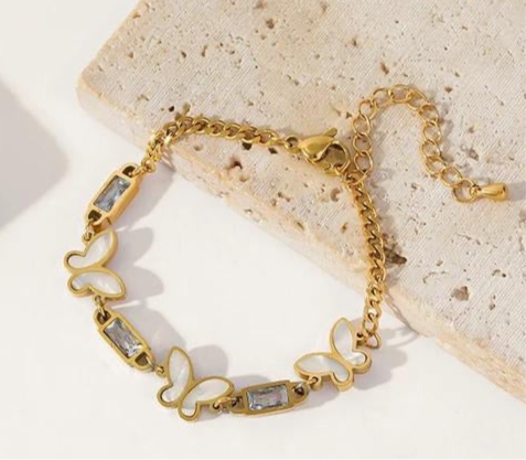 ✨Exquisite Stainless steel Gold white enamel Butterfly crystal Chain Bracelet ✨