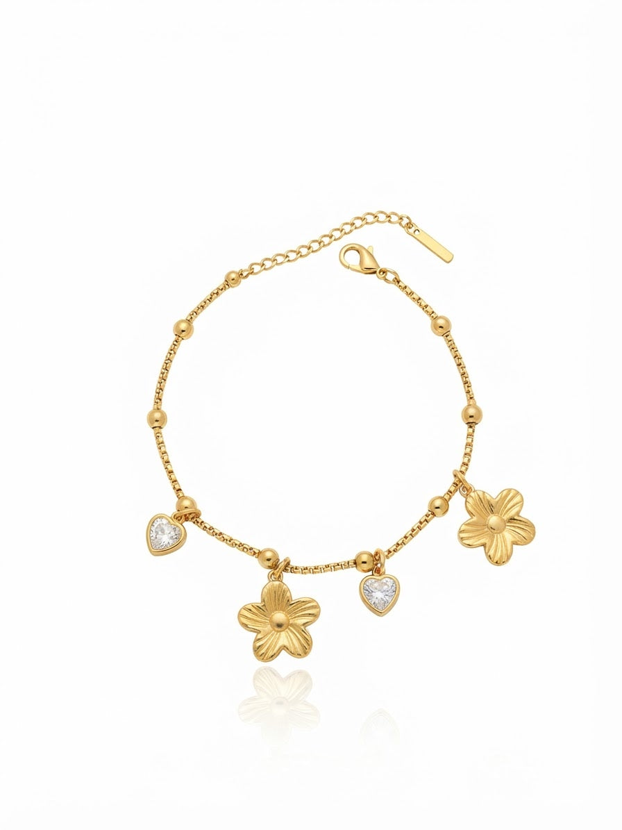 ✨Stainless steel Floral Gold Zirconia studded 18k beaded chain Bracelet ✨