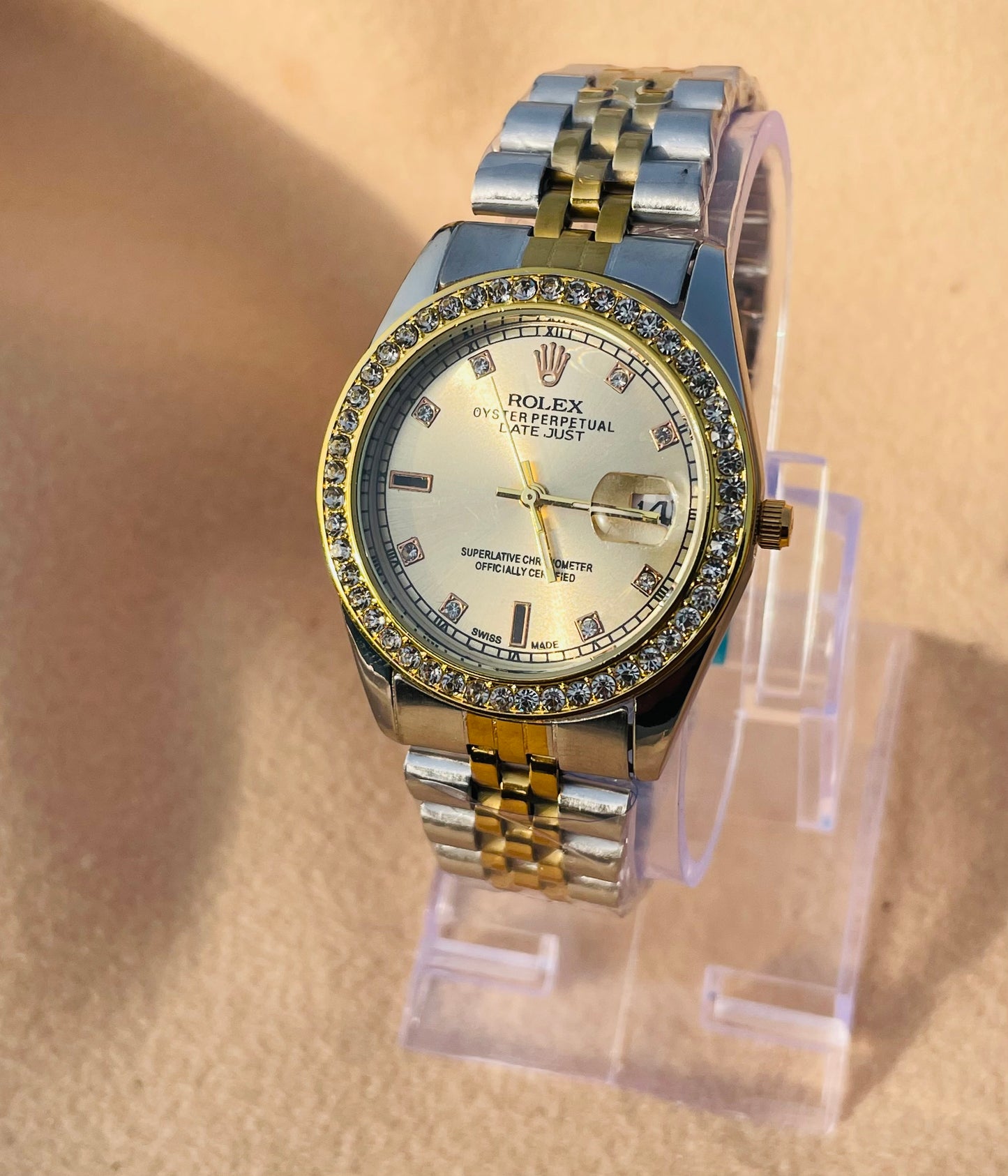 ✨ Gold Dial Crystal Studded SilverXGold Rlx Watch ✨